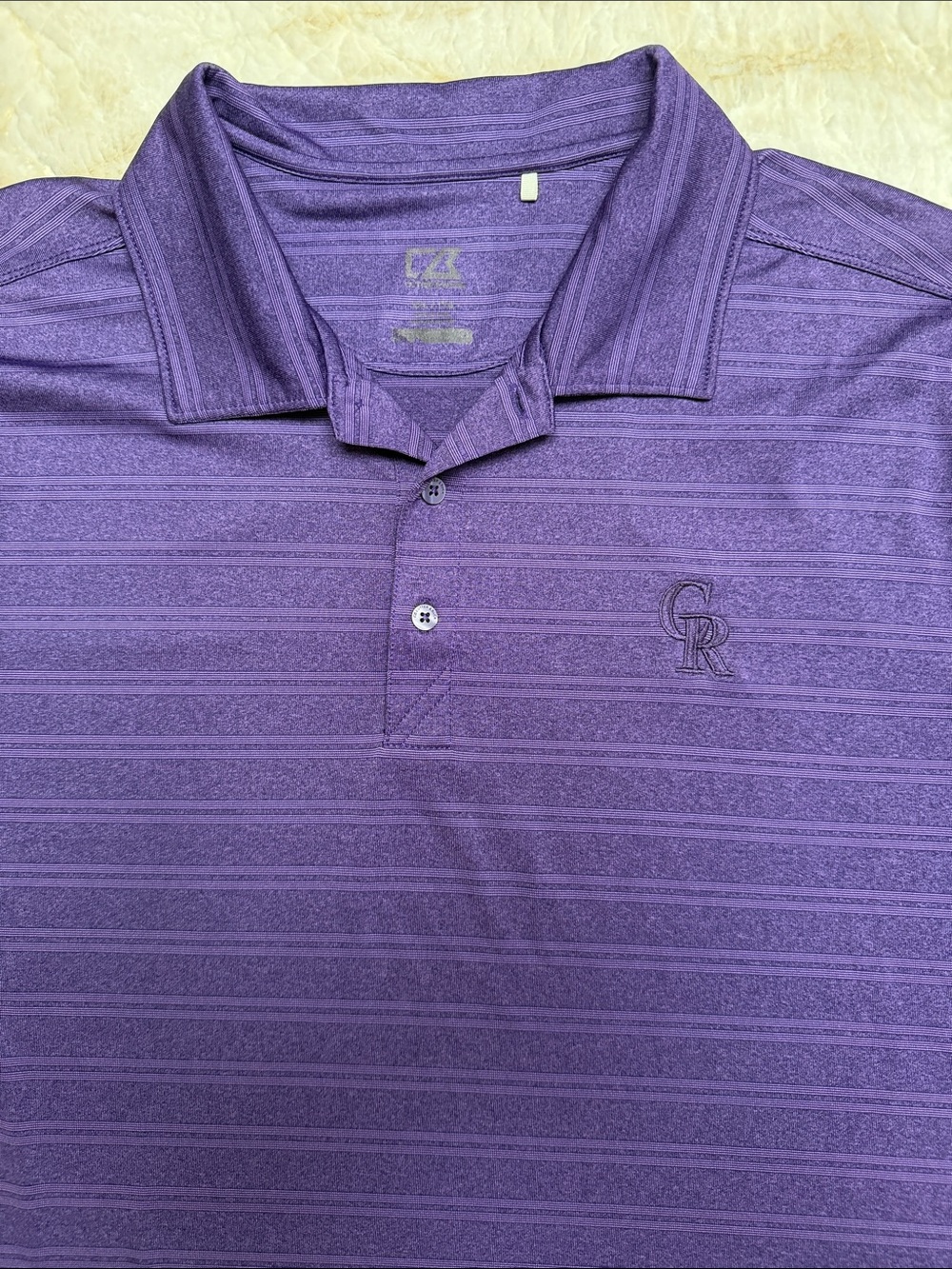 Cutter & Buck Men's Purple Striped Polo with Embroidered Colorado Rockies